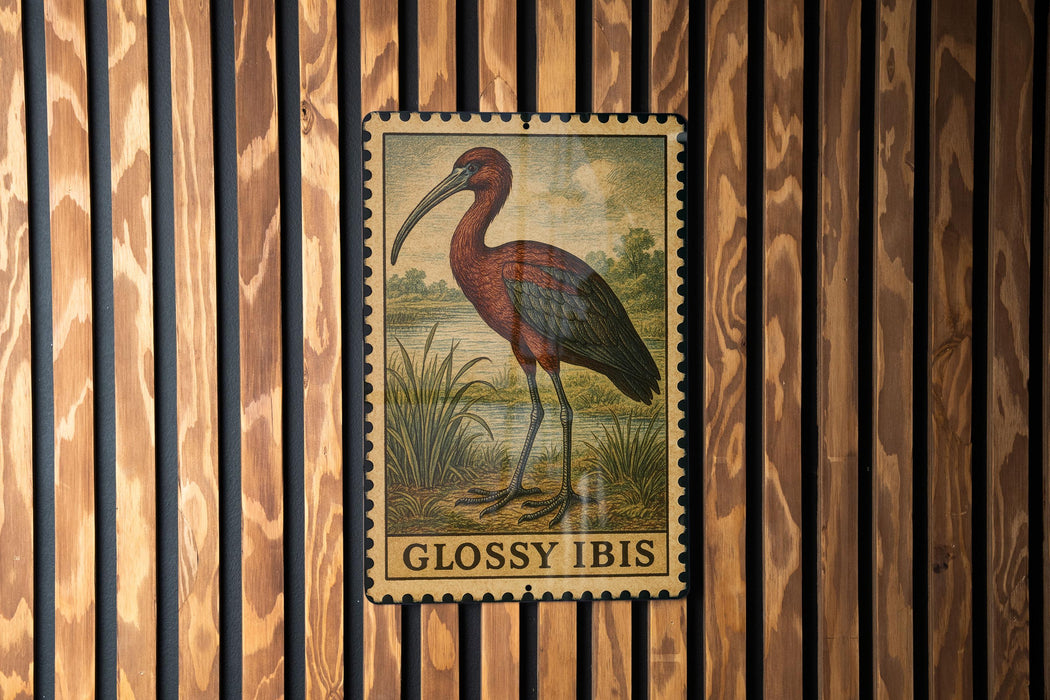 A postage stamp featuring a red and brown bird, likely a stork, is displayed on a wooden wall.