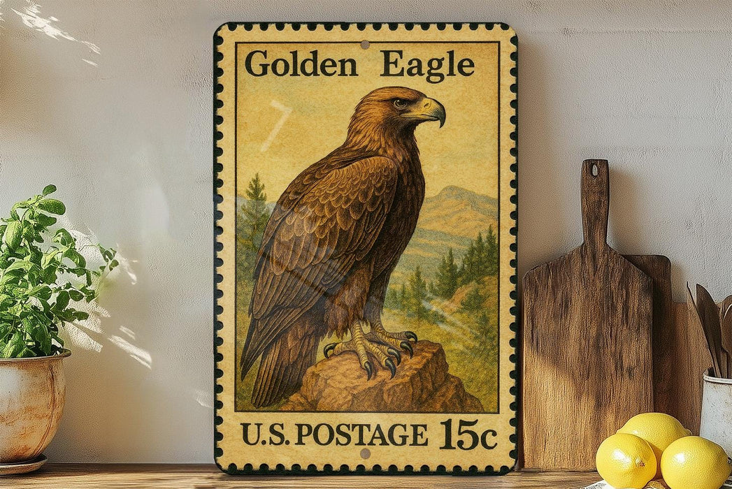 A vintage-style postage stamp featuring a golden eagle, with a price of 15 cents, is displayed on a shelf next to a wooden cutting board and some lemons.