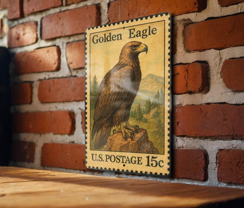 A vintage U.S. postage stamp featuring a golden eagle is displayed on a brick wall.