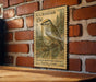 A U.S. postage stamp featuring a golden-crowned kinglet perched on a branch, mounted on a brick wall.