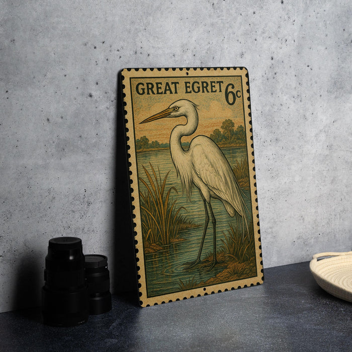 A metal stamp featuring a white heron standing in a grassy area, with a text that reads "GREAT egret 6c".
