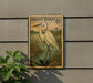a postage stamp with a large white heron illustration on it, mounted on a wall.