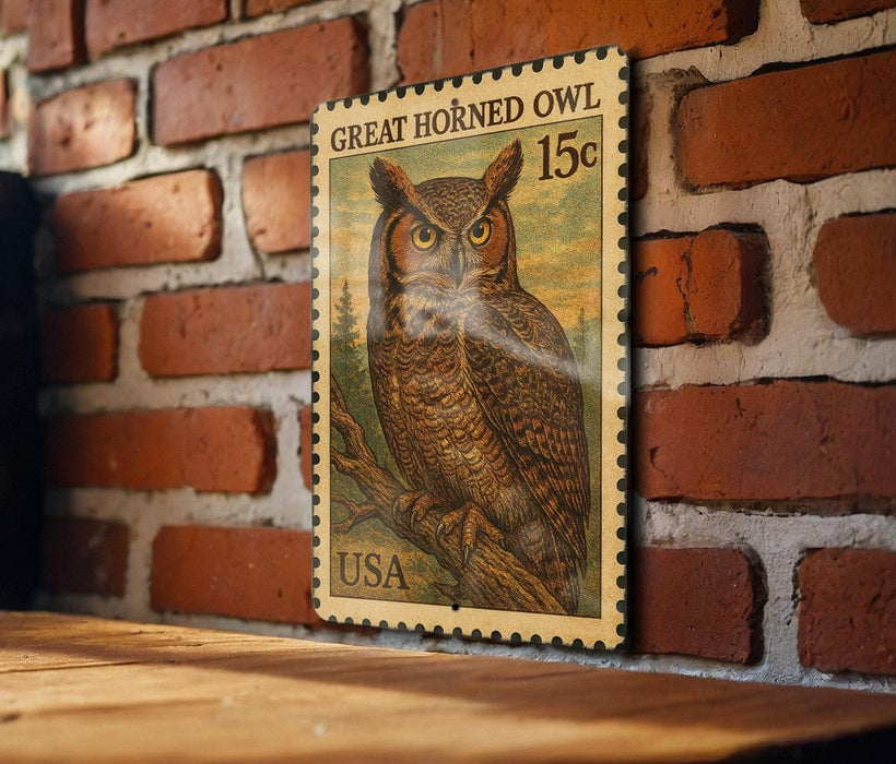 A Great Horned Owl postage stamp from the United States is displayed on a wooden surface against a brick wall.