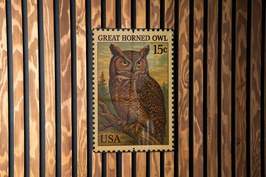 A postage stamp featuring a great horned owl is displayed on a wooden wall.