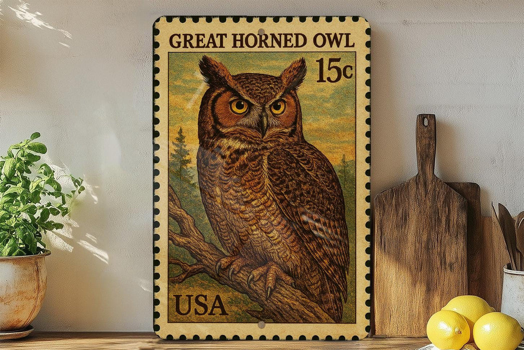 A framed stamp depicting a Great Horned Owl, a type of owl, is displayed on a shelf next to a wooden cutting board and some lemons.
