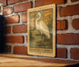 A wooden sign with a white heron illustration is mounted on a brick wall.