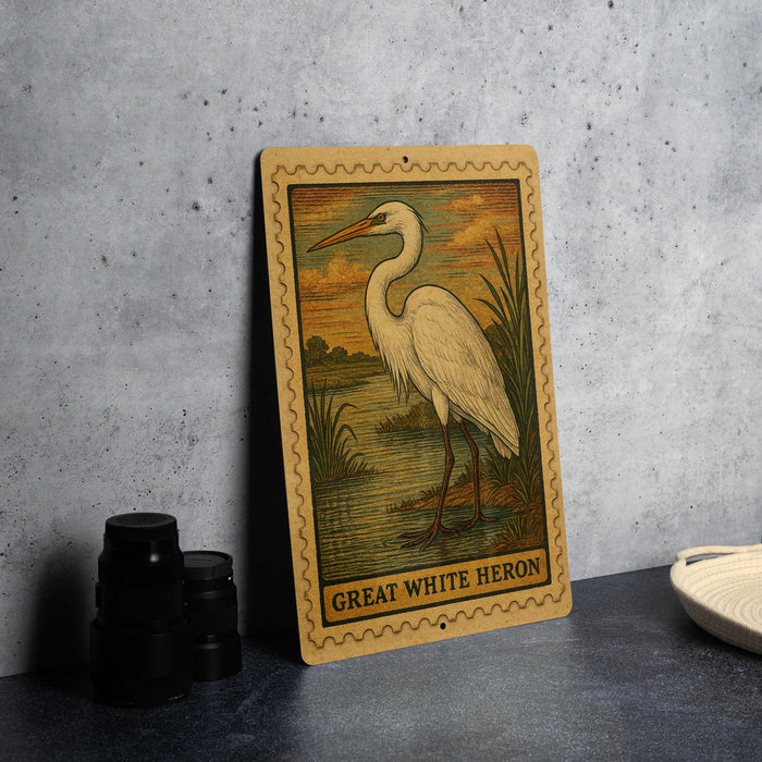 a framed illustration of a great white heron standing on a lake, with the text "GREAT WHITE HERON" below the illustration.
