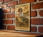 A vintage U.S. postage stamp featuring a teal green-winged teal duck, mounted on a brick wall.