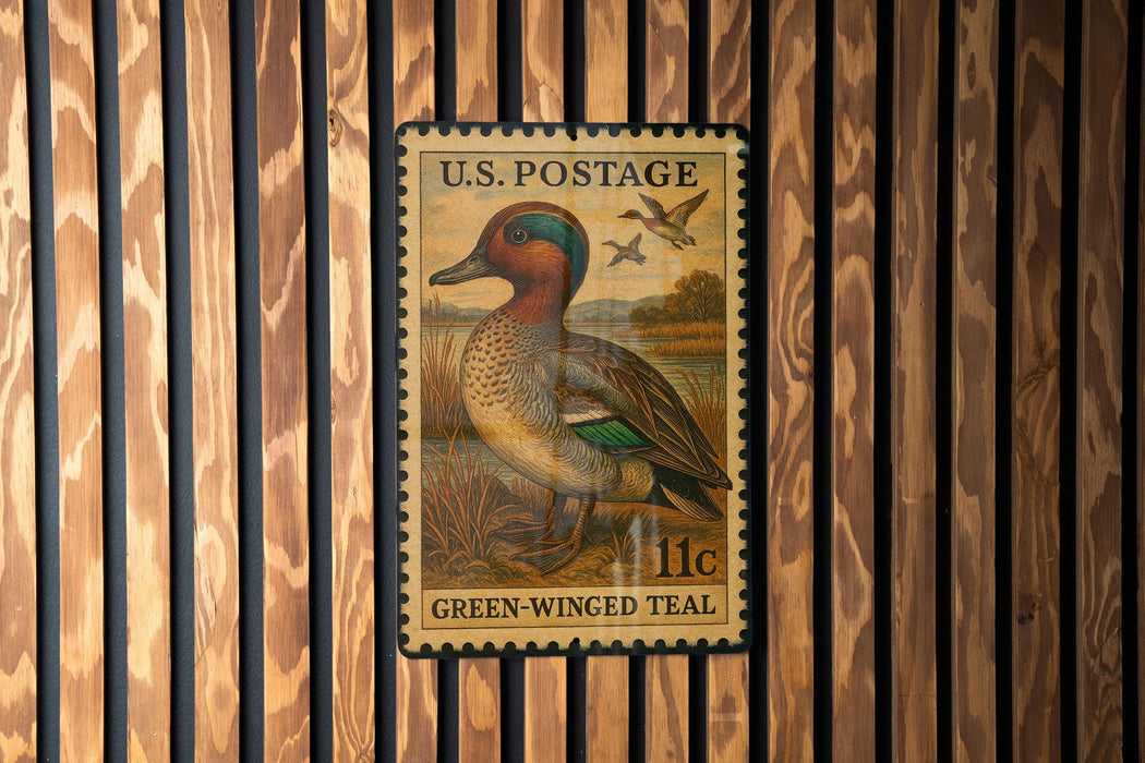 A U.S. postage stamp featuring a green-winged teal duck, mounted on a wooden wall.
