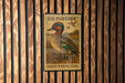 A U.S. postage stamp featuring a green-winged teal duck, mounted on a wooden wall.