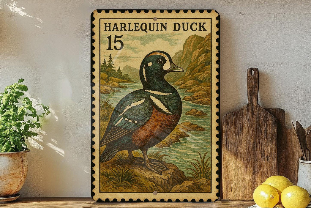 A vintage postage stamp featuring a harlequin duck, with a wooden cutting board and lemons in the foreground.