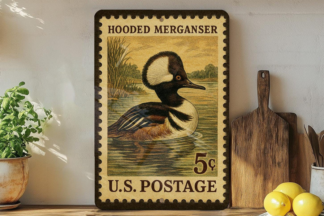 A framed postage stamp featuring a duck swimming in a pond, with the text "HOODED MERGANER 5¢ U.S. POSTAGE" printed on it.