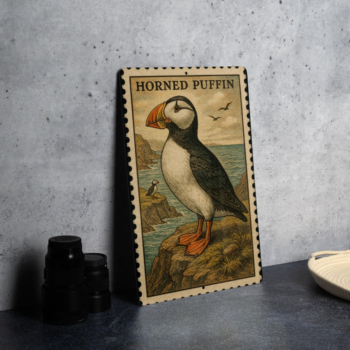 A framed illustration of a horned puffin bird, a type of seabird, is displayed on a wall.