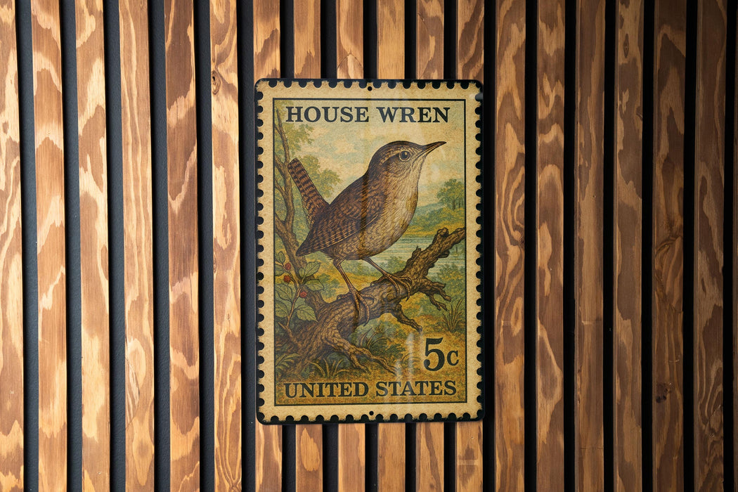 A 5c United States postage stamp featuring a detailed illustration of a house wren perched on a branch.