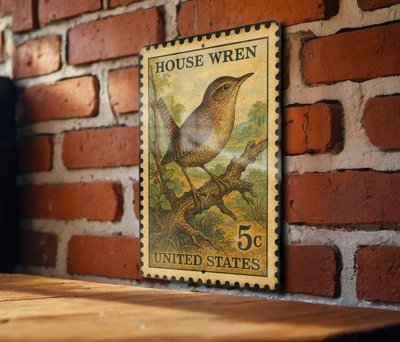 A vintage United States postage stamp featuring a house wren perched on a branch, mounted on a brick wall.