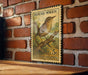 A vintage United States postage stamp featuring a house wren perched on a branch, mounted on a brick wall.