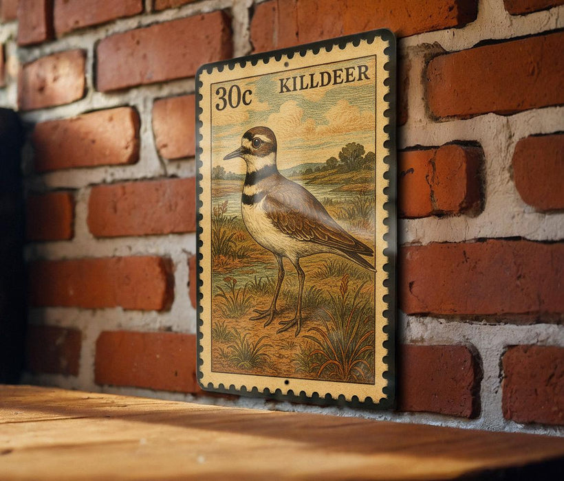A metal stamp featuring a bird, likely a killdeer, is mounted on a brick wall.