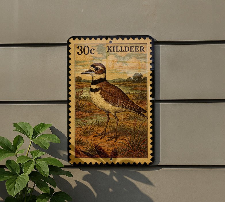 A postage stamp featuring a bird, likely a killdeer, is displayed on a wall.