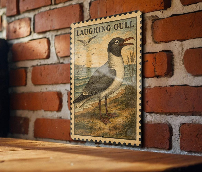 A framed illustration of a laughing gull is displayed on a brick wall, with a wooden table below it.