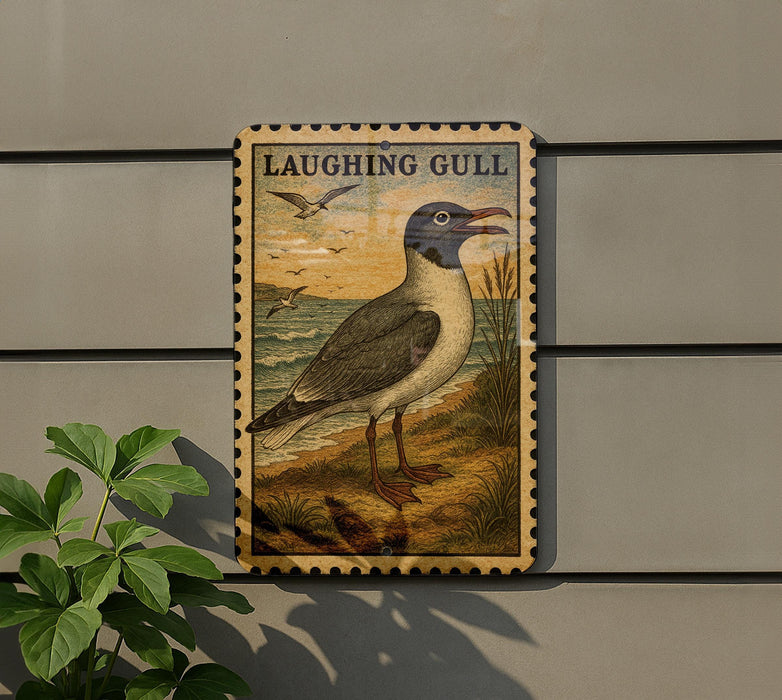 a sign depicting a laughing gull, a bird commonly found near coastal areas.