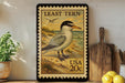 A framed postage stamp featuring a bird, likely a least tern, on a beach scene. The stamp is from the United States and has a value of 20 cents.