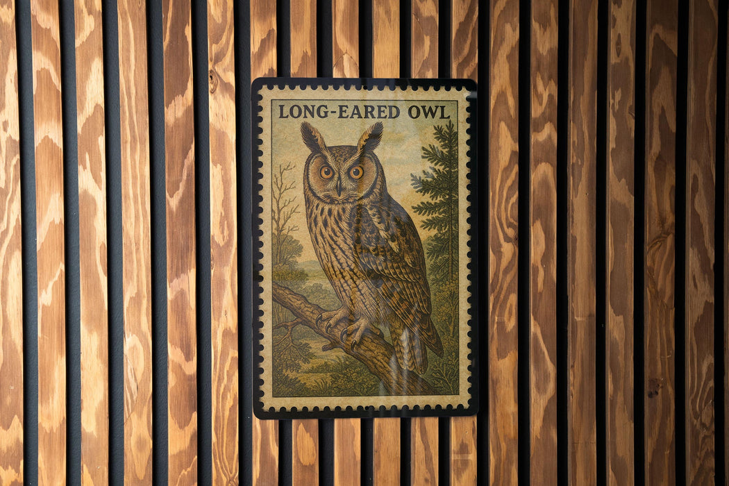 A framed illustration of a long-eared owl is displayed on a wooden wall.