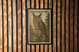 A framed illustration of a long-eared owl is displayed on a wooden wall.