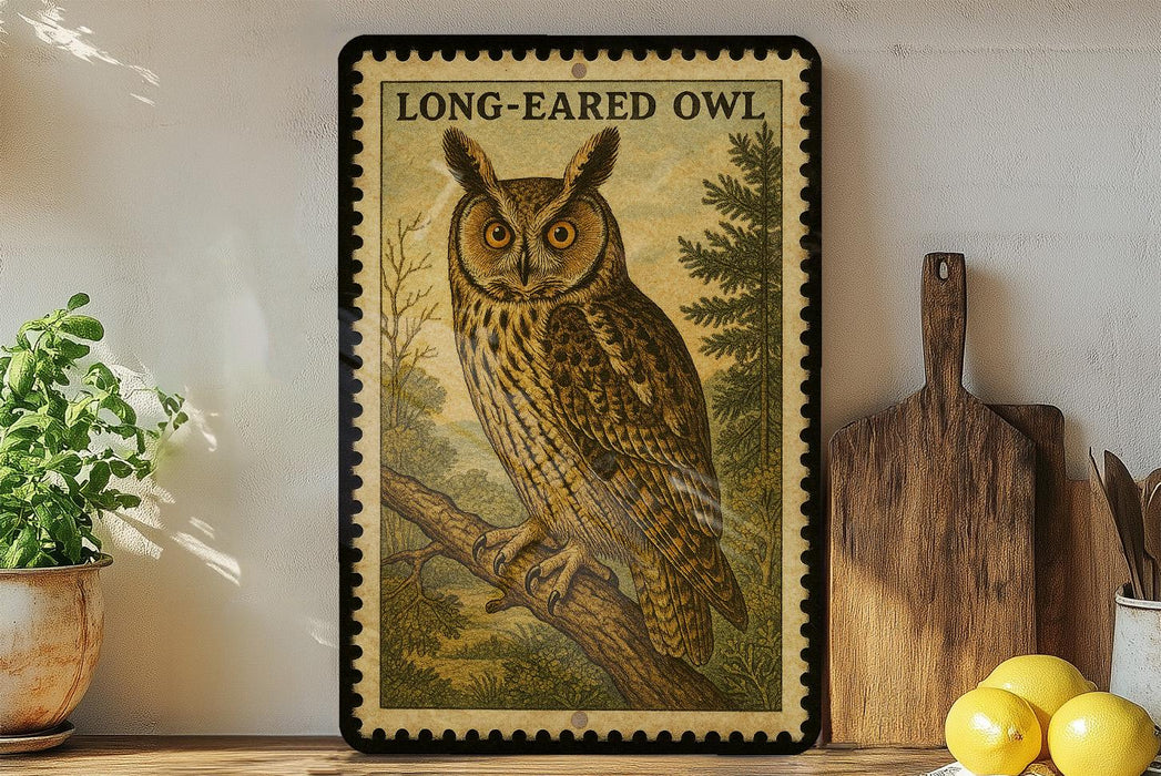 a framed illustration of a long-eared owl perched on a branch, with a potted plant to the left and a wooden cutting board to the right.