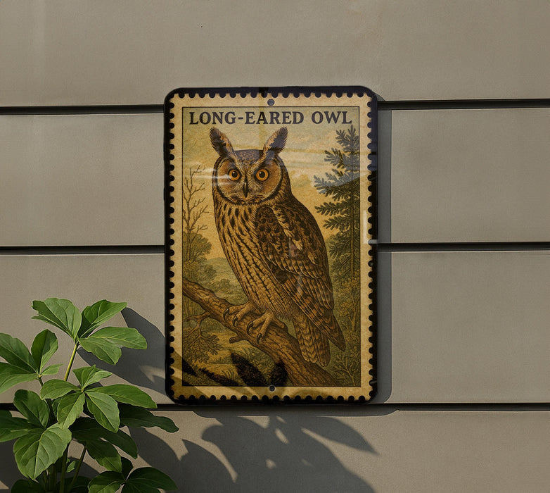a large stamp-like sign with an illustration of a long-eared owl perched on a branch.