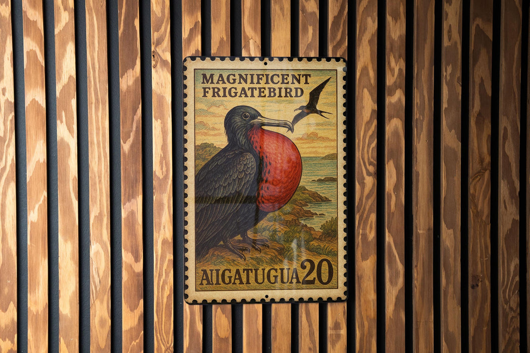 a postage stamp from Aigatua, which is a significant frigatebird species. The stamp is displayed on a wooden wall with vertical slats.