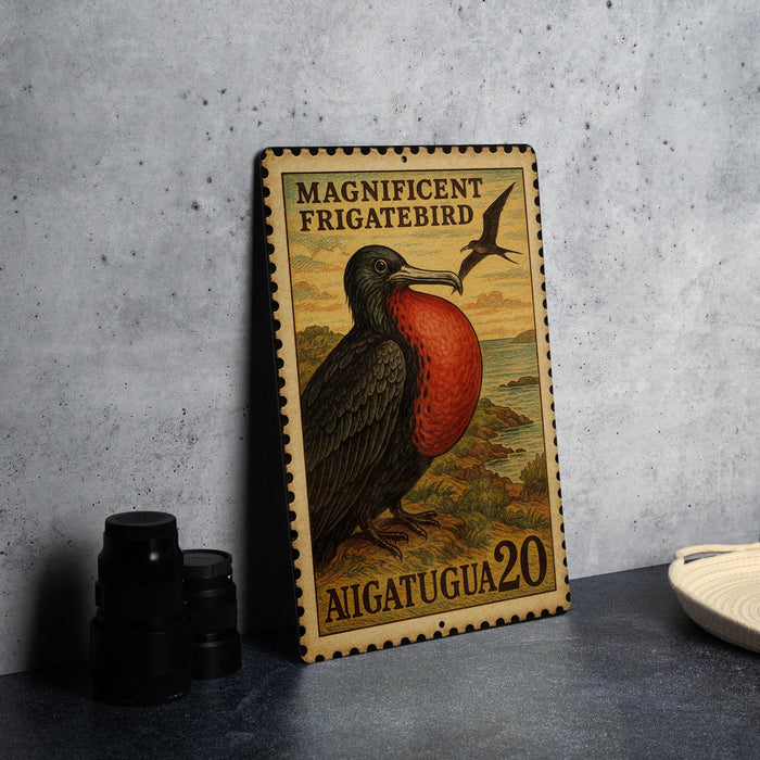 A metal sign with a postage stamp design featuring a magnificently frigatebird, placed on a table next to some black camera lenses.