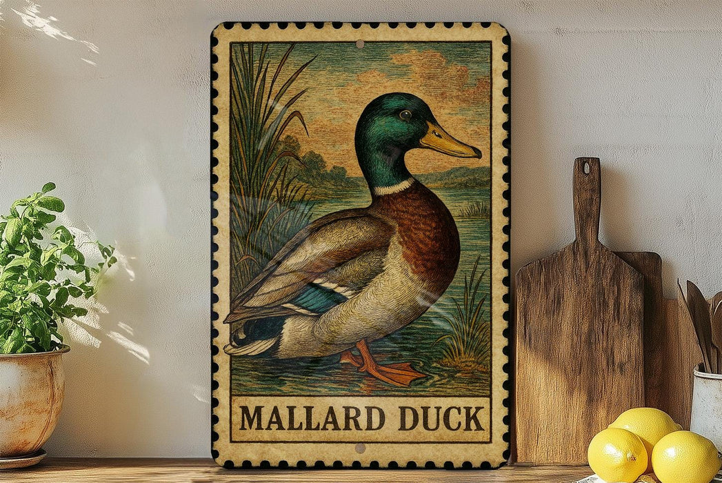 A framed illustration of a Mallard duck is displayed on a shelf, accompanied by a wooden cutting board, a potted plant, and some lemons.