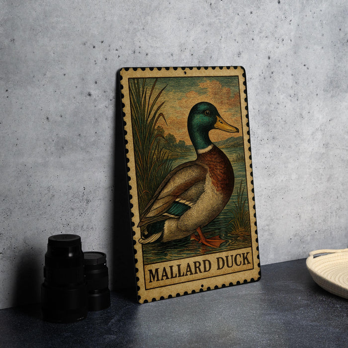 A metal sign featuring an illustration of a Mallard duck, with the text "MALLARD DUCK" below the image.