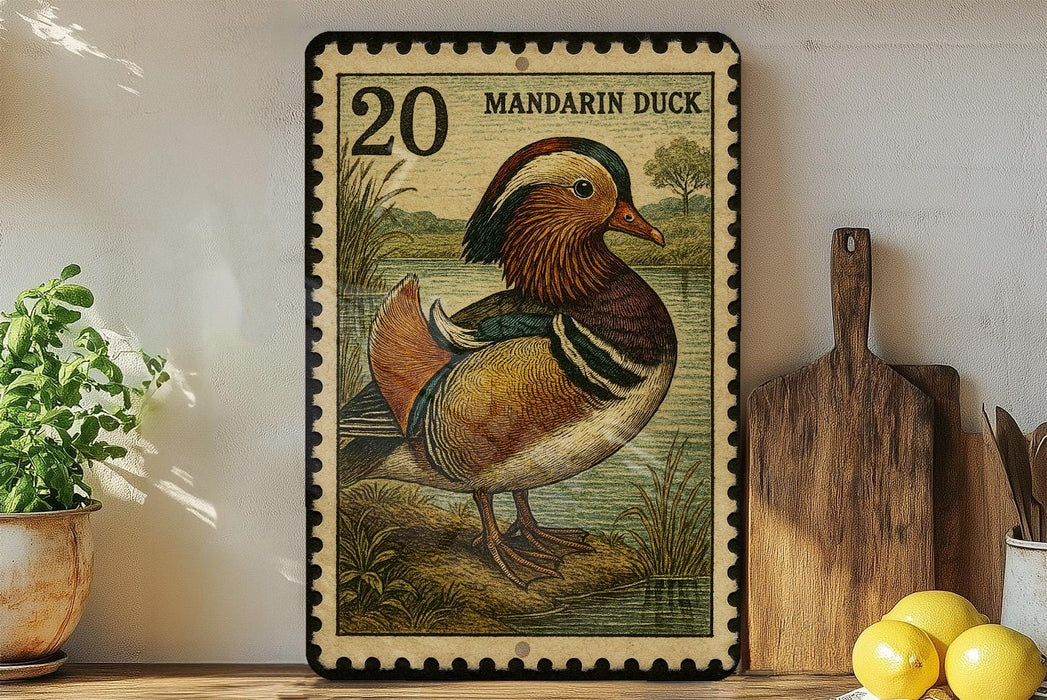 A framed postage stamp depicting a colorful mandarin duck is displayed on a shelf next to a wooden cutting board and some lemons.
