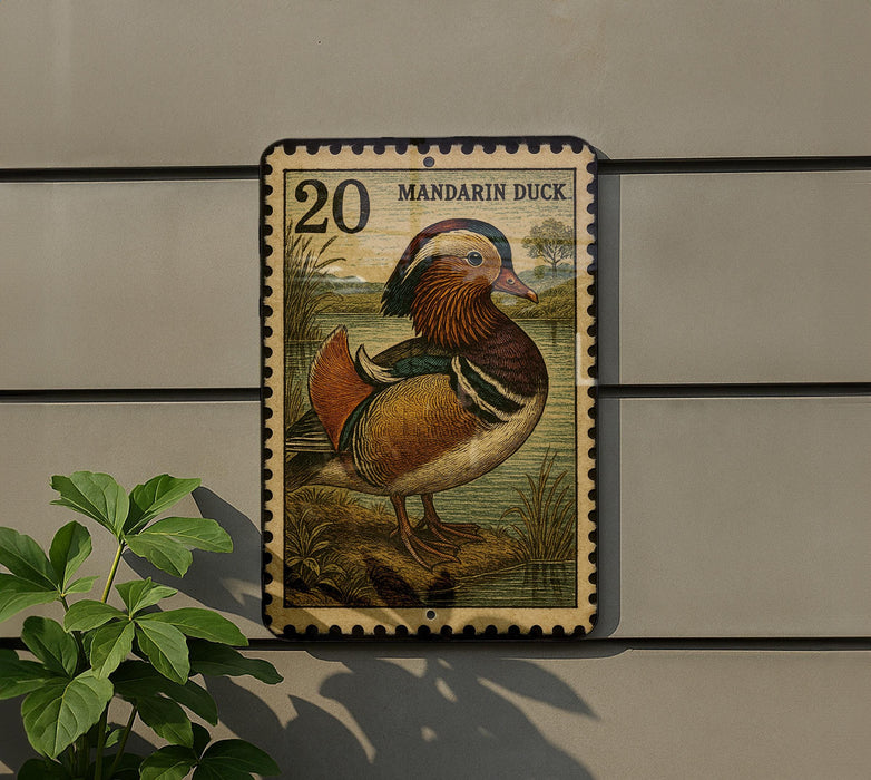 A postage stamp featuring a colorful illustration of a mandarin duck, mounted on a wall next to a plant.