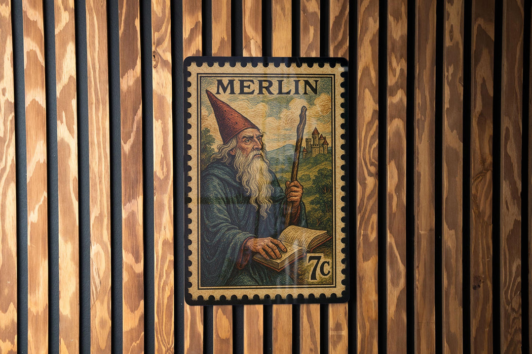 A vintage-style postage stamp featuring a bearded man in a conical hat, holding a book and standing in front of a castle.