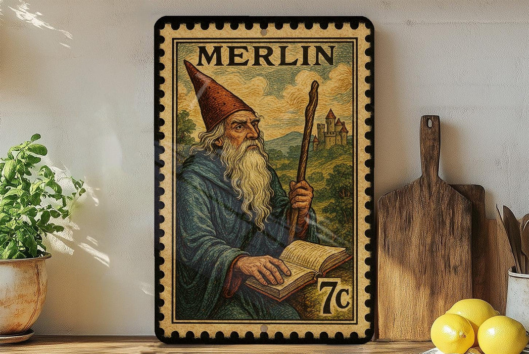 A framed illustration of a wizard or wizardly character, with a castle in the background, is displayed on a shelf next to a wooden cutting board and some lemons.