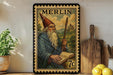 A framed illustration of a wizard or wizardly character, with a castle in the background, is displayed on a shelf next to a wooden cutting board and some lemons.