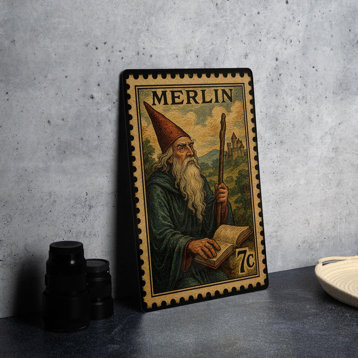 A framed illustration of a wizard or wizardly character, with a castle in the background, is displayed on a table.