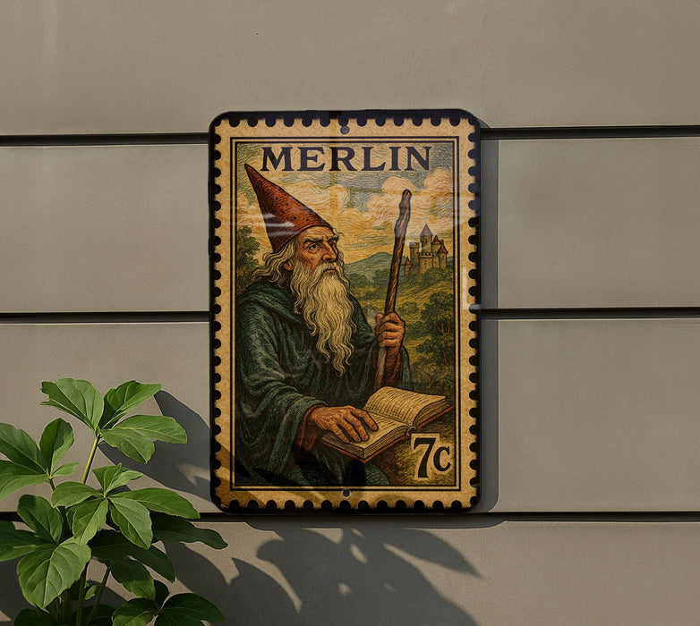 A framed illustration of a wizard or wizardly character, with the text "MERLIN" prominently displayed.
