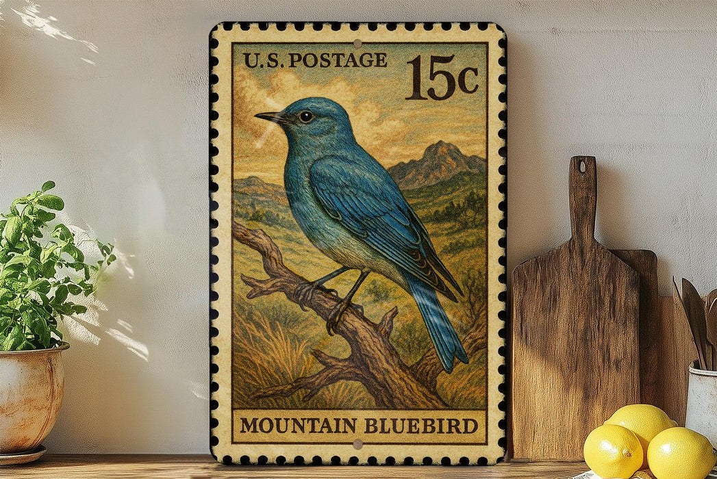 A framed U.S. postage stamp depicting a blue bird, likely a mountain bluebird, is displayed on a shelf next to a wooden cutting board and some lemons.