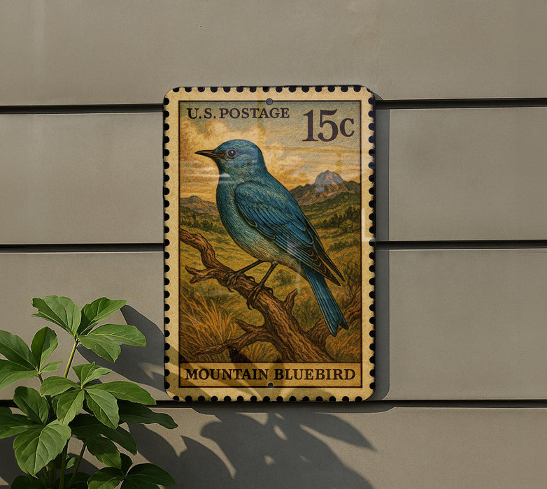 A U.S. postage stamp featuring a blue bird, specifically a mountain bluebird, perched on a branch.