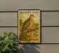 A postage stamp featuring a mourning dove perched on a branch, mounted on a wall.