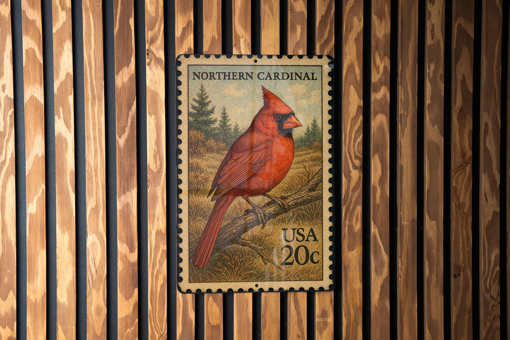 A postage stamp from the United States depicting a red cardinal bird perched on a branch.
