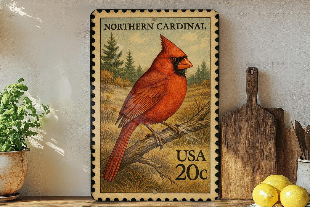 A framed postage stamp featuring a red cardinal perched on a branch, with a pine tree in the background. The stamp is from the United States and has a value of 20 cents.