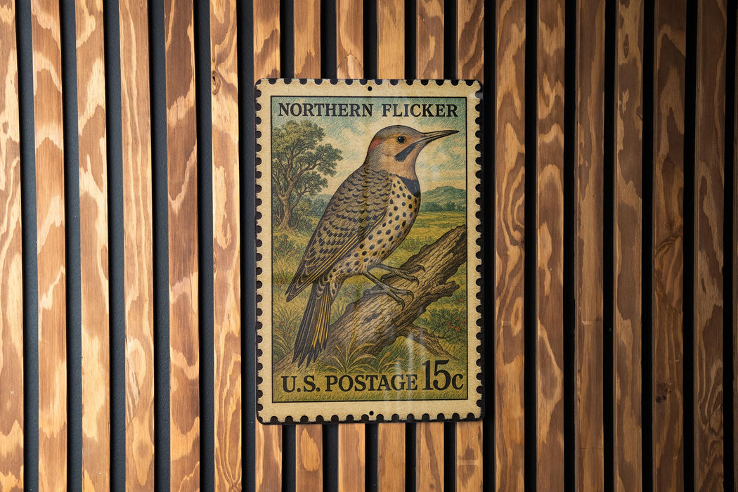 A U.S. postage stamp featuring a woodpecker perched on a tree branch.