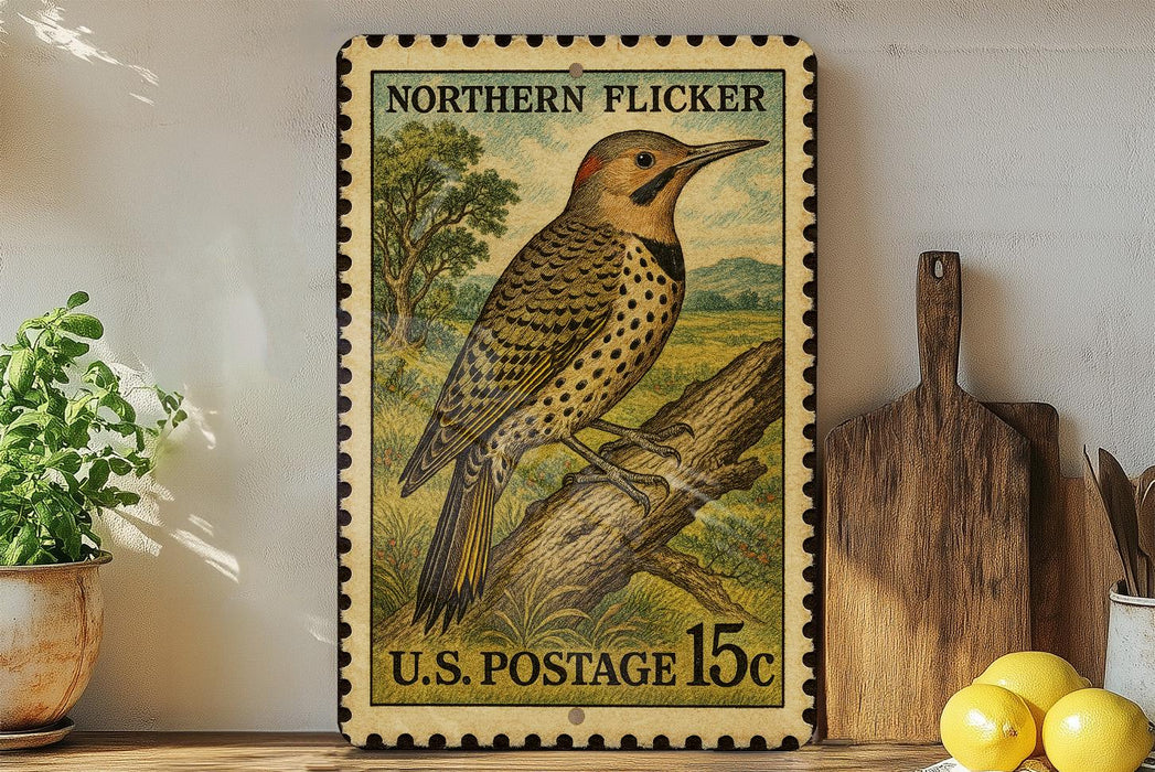 A vintage postage stamp featuring a Northern Flicker bird is displayed on a shelf, surrounded by kitchen utensils and a potted plant.
