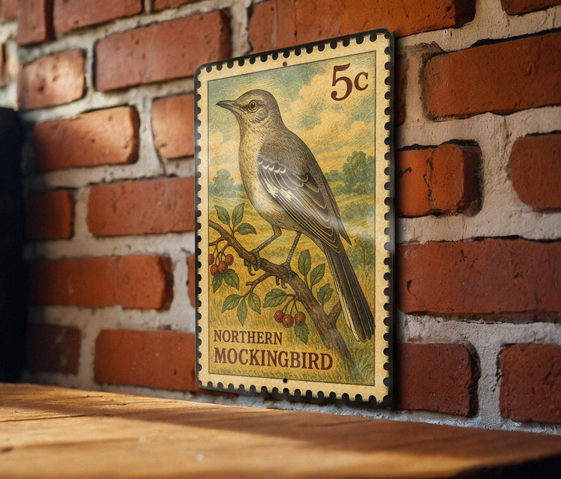 A vintage postage stamp featuring a bird, likely a northern mockingbird, is displayed on a brick wall.