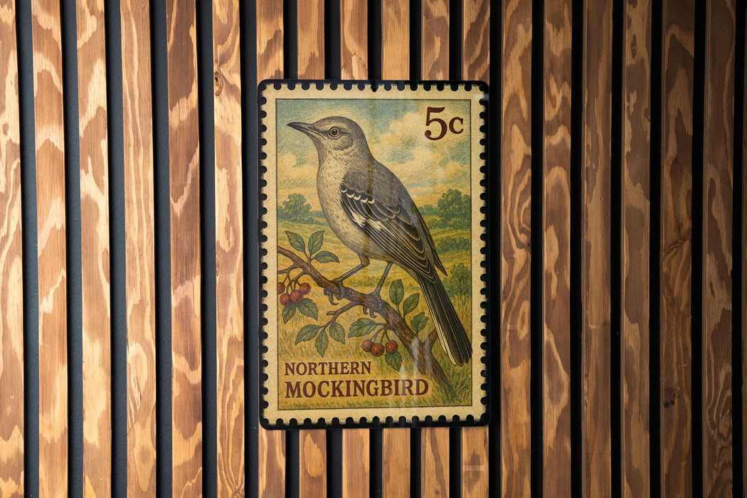 A postage stamp featuring a bird, likely a Northern Mockingbird, is displayed on a wooden background.