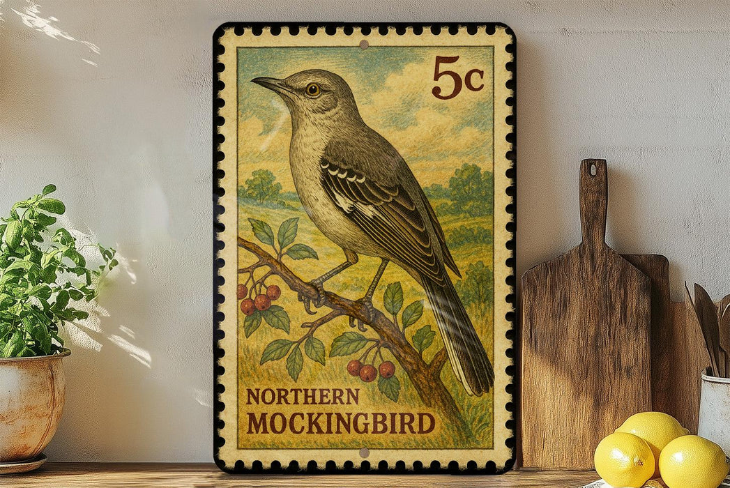 A vintage postage stamp featuring a Northern Mockingbird perched on a branch, with a kitchen counter and various kitchen utensils in the background.